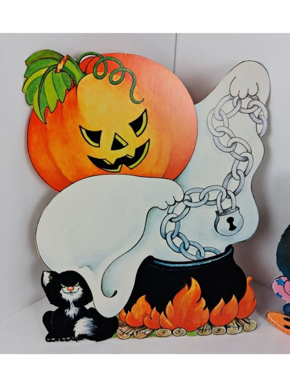 VTG Peck Halloween Flocked Double Sided Die-Cut 5 pcs Ghosts Cats Pumpkin Skull